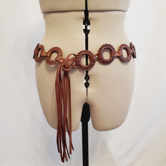 Fossil Women's Belt Large Brown Leather Wrapped Circles Tassel Tie Closure Boho - Picture 1 of 5
